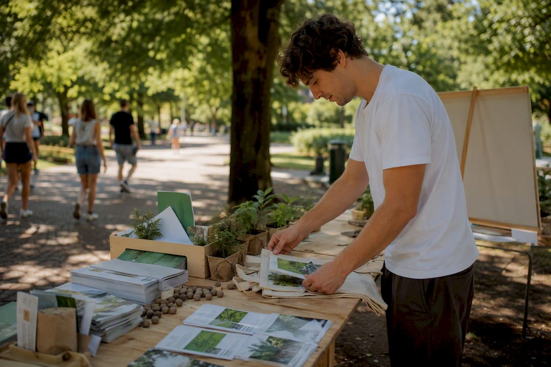 Ein ehrenamtlicher Helfer richtet den Stand für die Nachhaltigkeitskampagne her und sorgt dafür, dass alle Materialien ordentlich präsentiert werden.