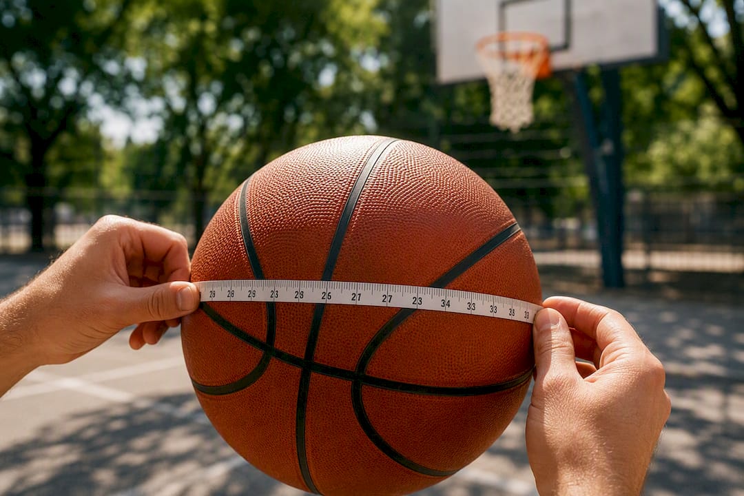 Hände messen den Umfang eines Basketballs