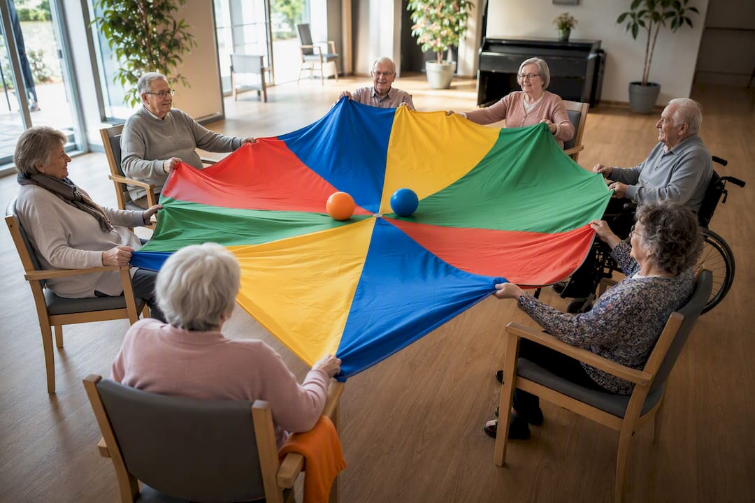 Eine Gruppe bewegt gemeinsam ein Schwungtuch mit Bällen