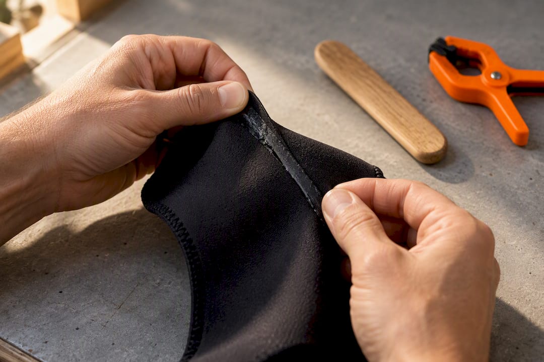 Hand untersucht flexible Klebestelle im Neopren