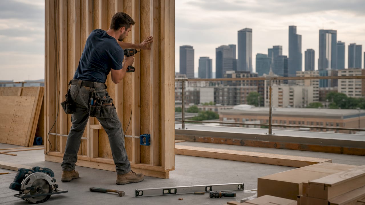 Carpenter installing panelized ADU wall section