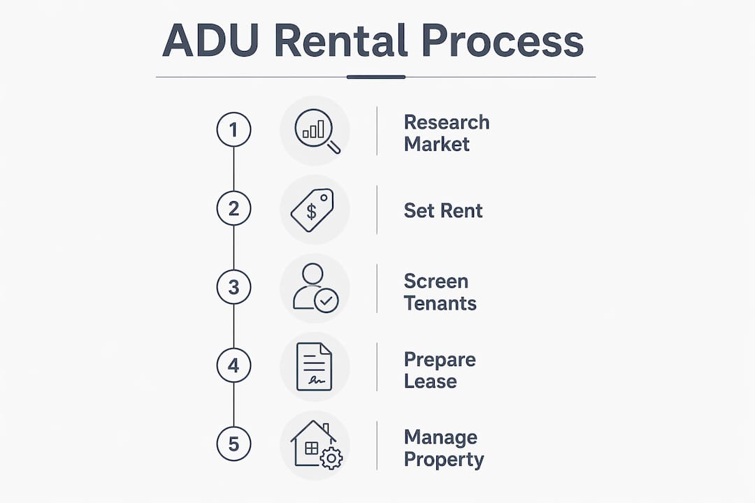 Infographic showing five steps to rent an ADU