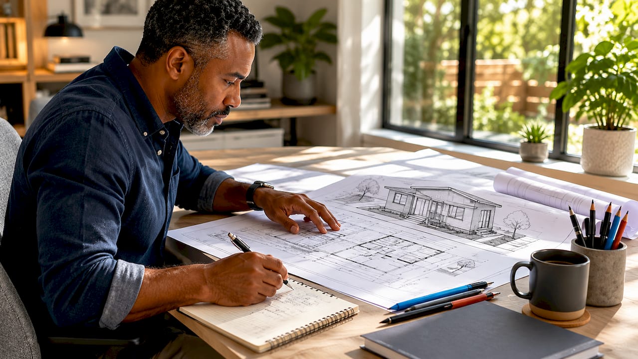 Man reviewing zoning plans and ADU blueprint at home office desk