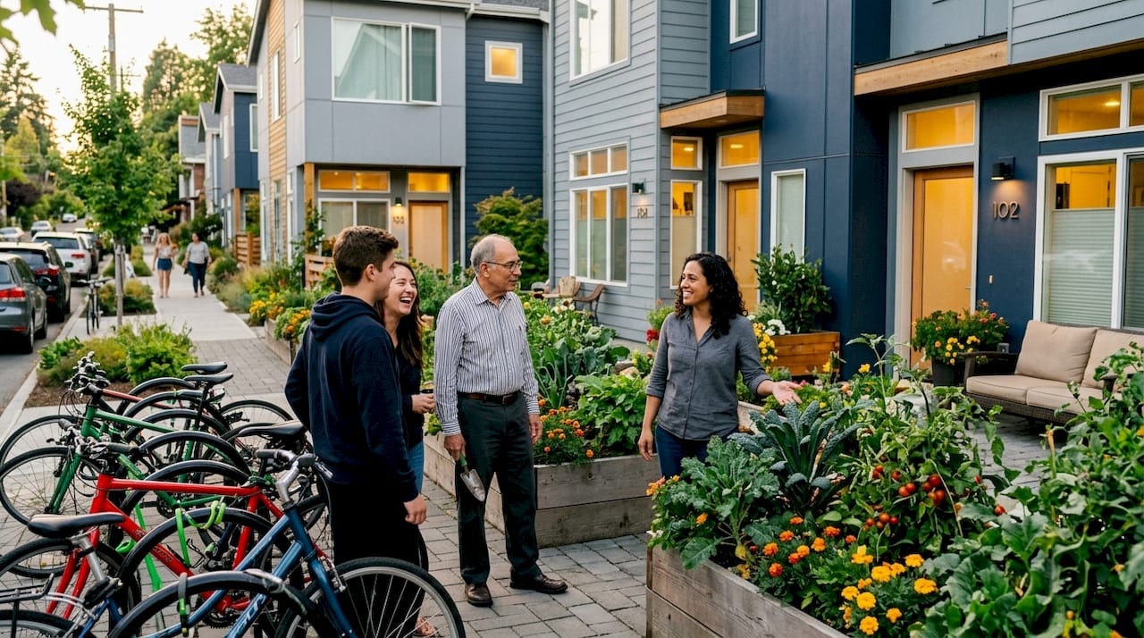 Neighbors chatting on urban infill street outdoors
