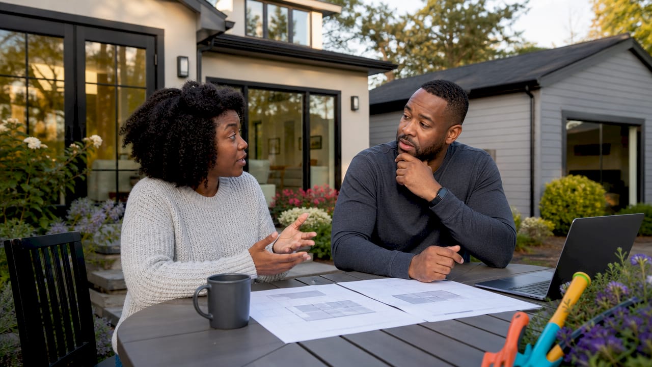 Homeowners discussing ADU and house addition outside
