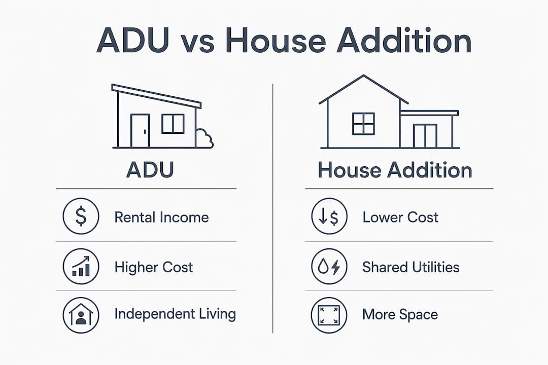 Infographic comparing ADU and house addition benefits and drawbacks