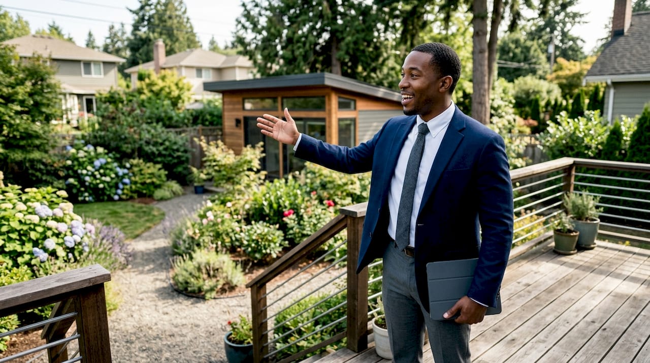 Real estate agent showing home with ADU