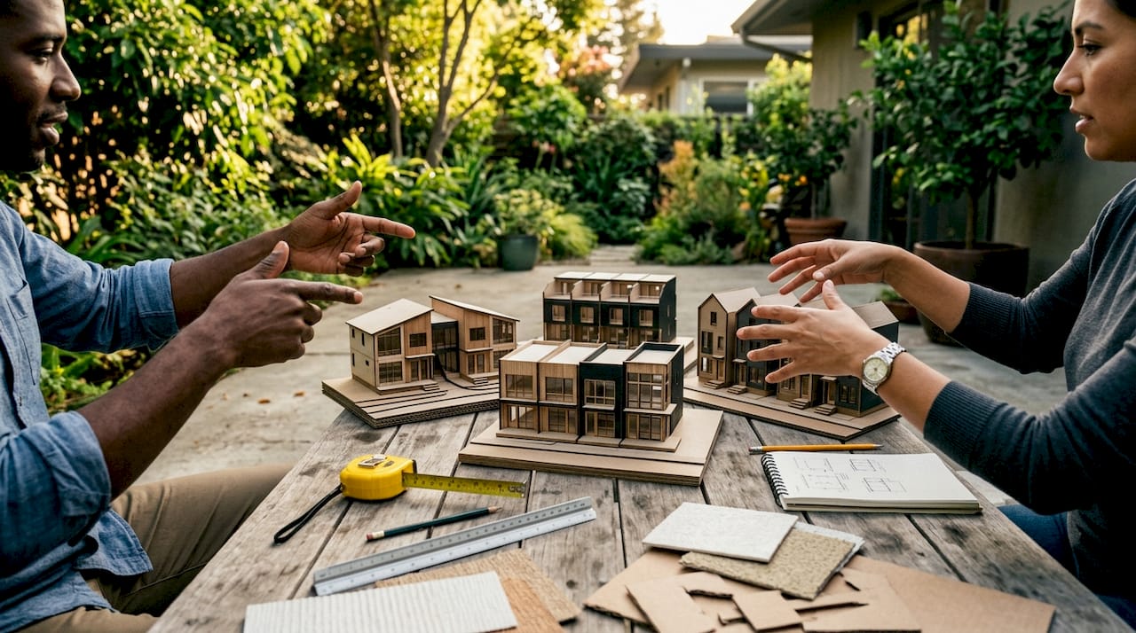 Hands examining housing typology scale models