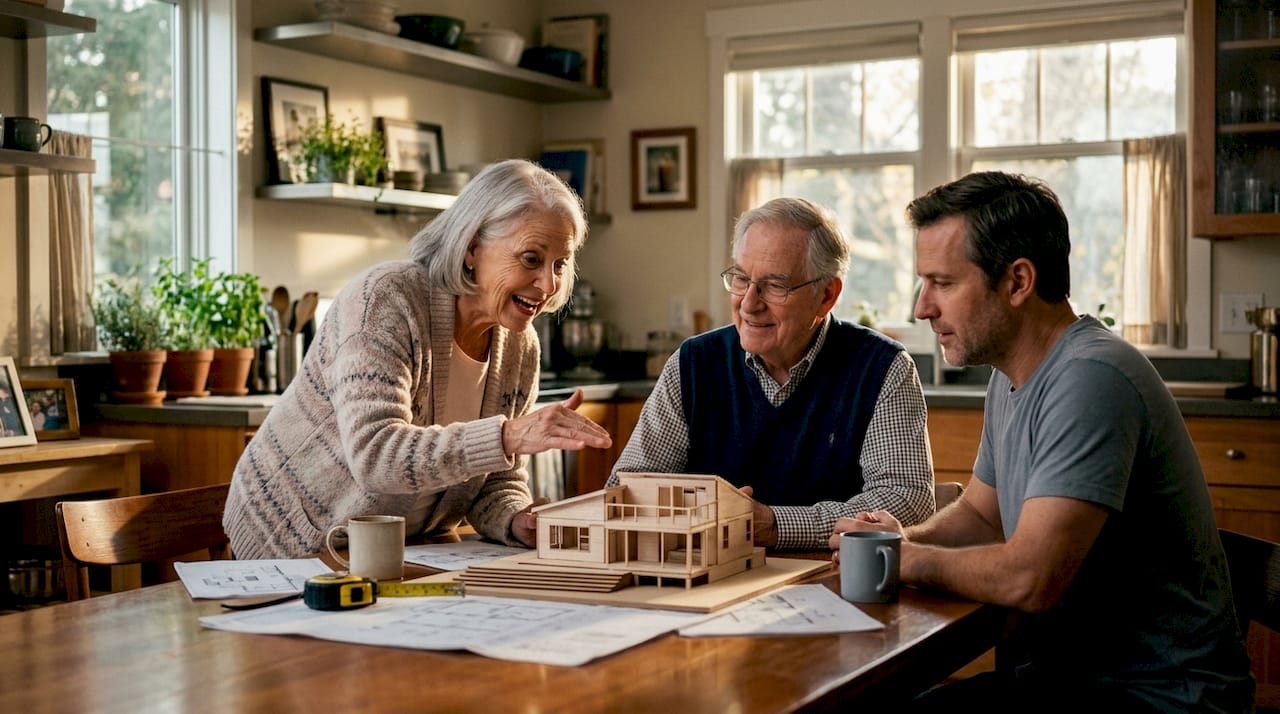 Family discussing in-law suite ADU model