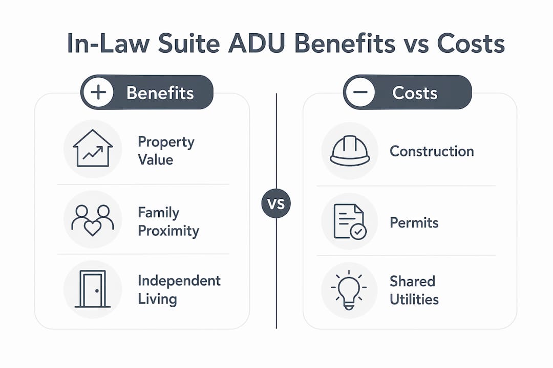 Infographic comparing benefits and costs of in-law suite ADUs