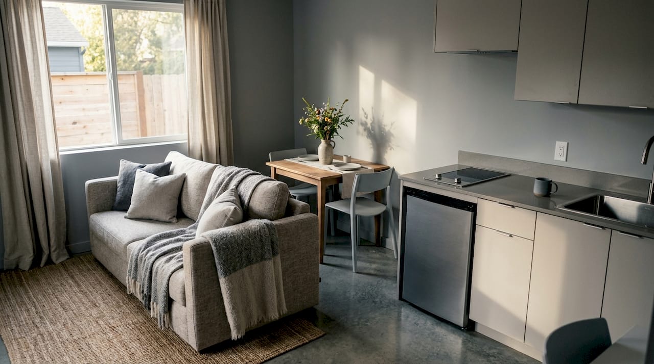 Overhead view of furnished ADU interior for rental