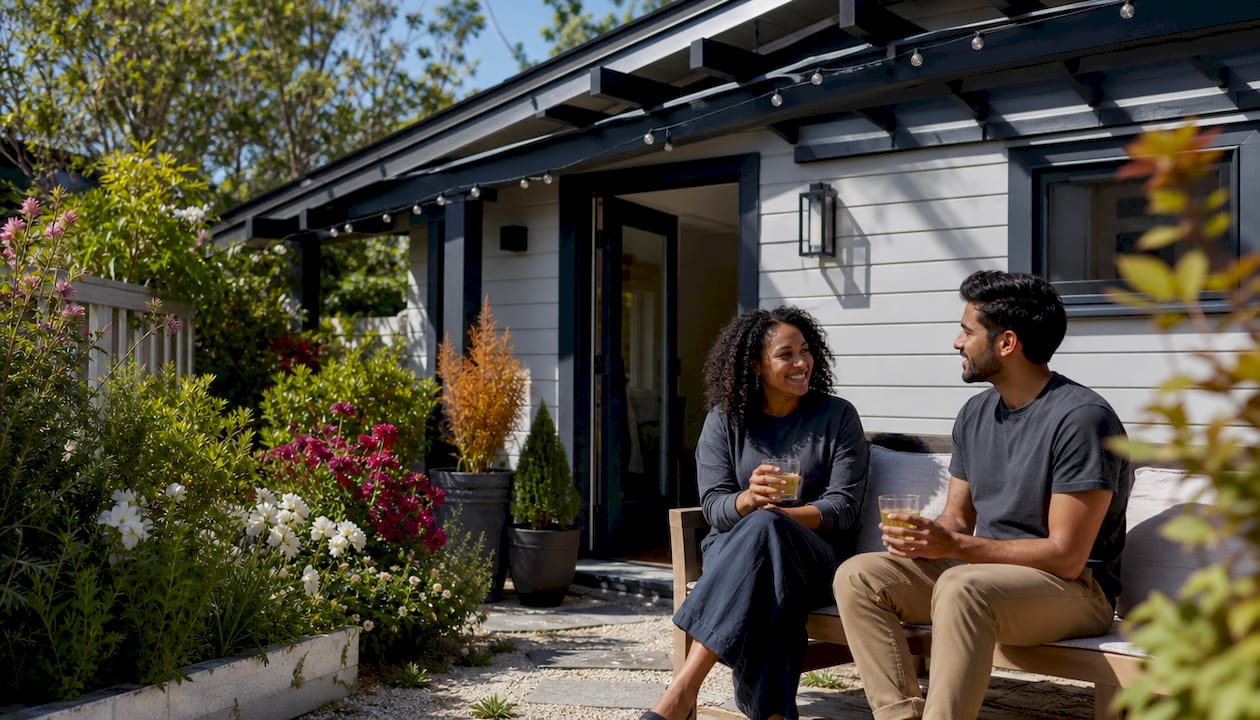 Guests enjoying backyard cottage rental outdoors