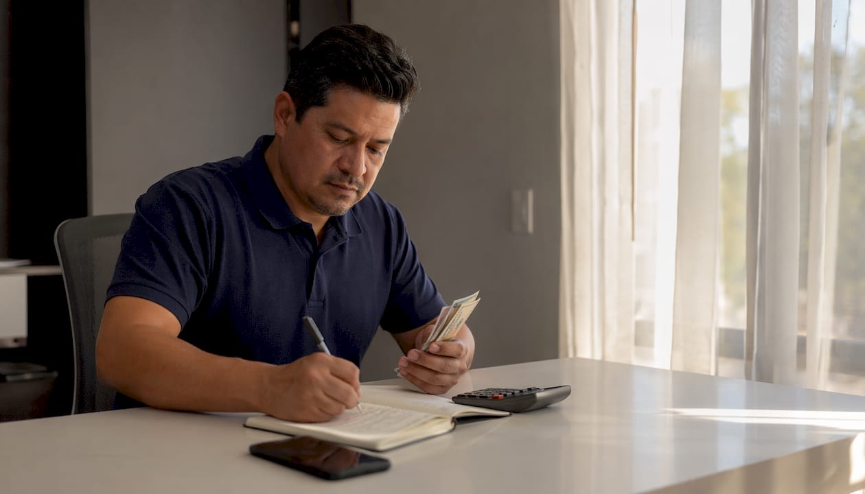 Hands counting rental income on home office desk