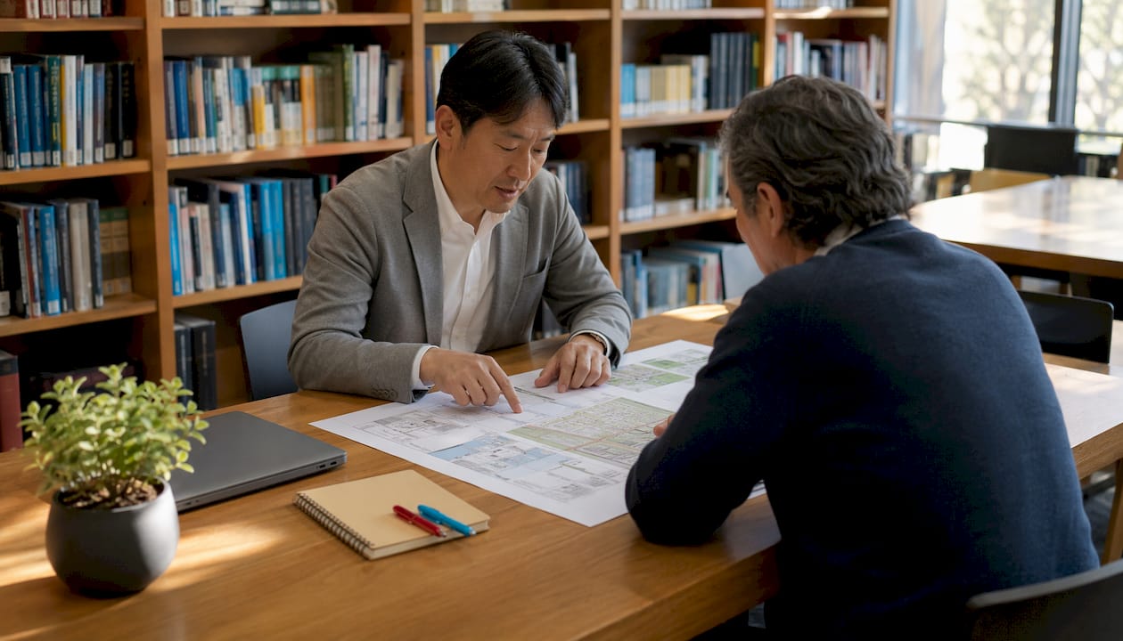 Architect and homeowner reviewing zoning permits