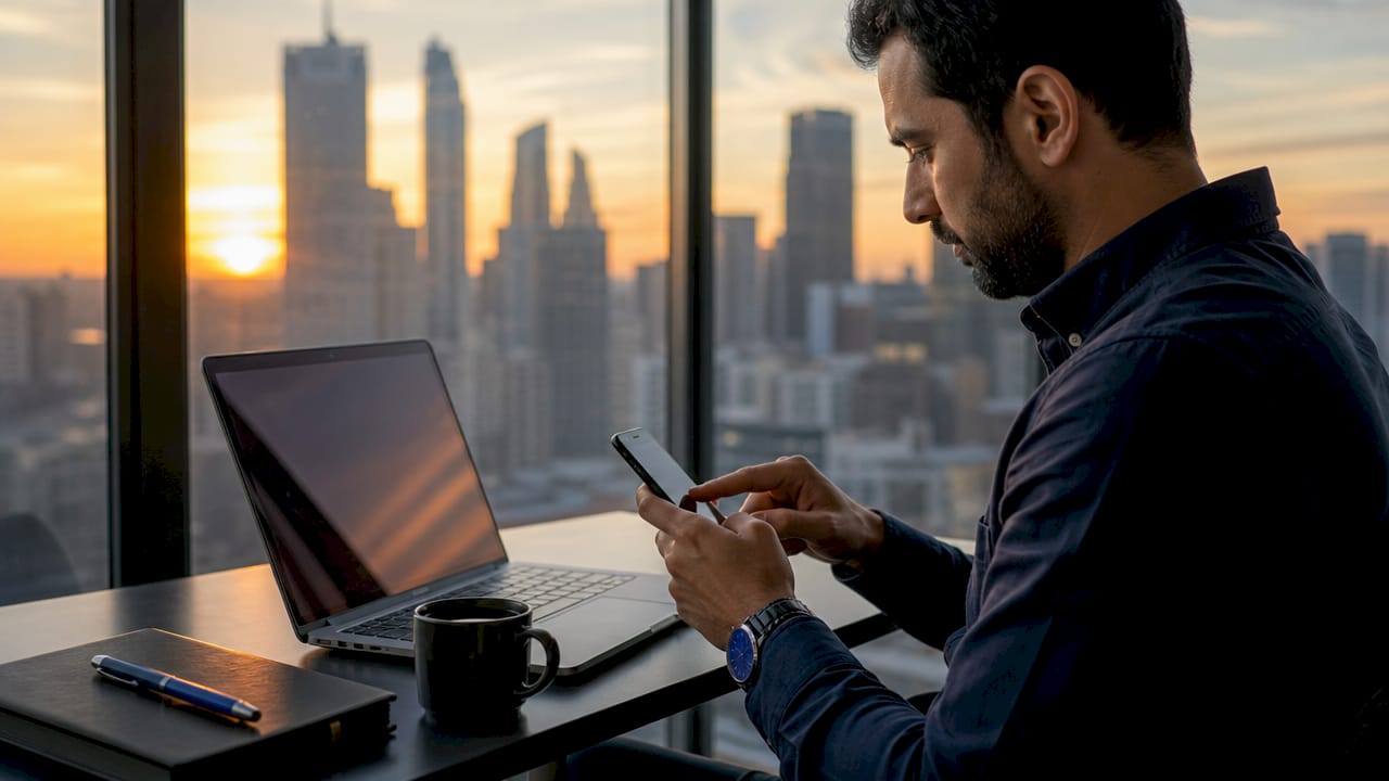 Hands using trading devices in coworking space