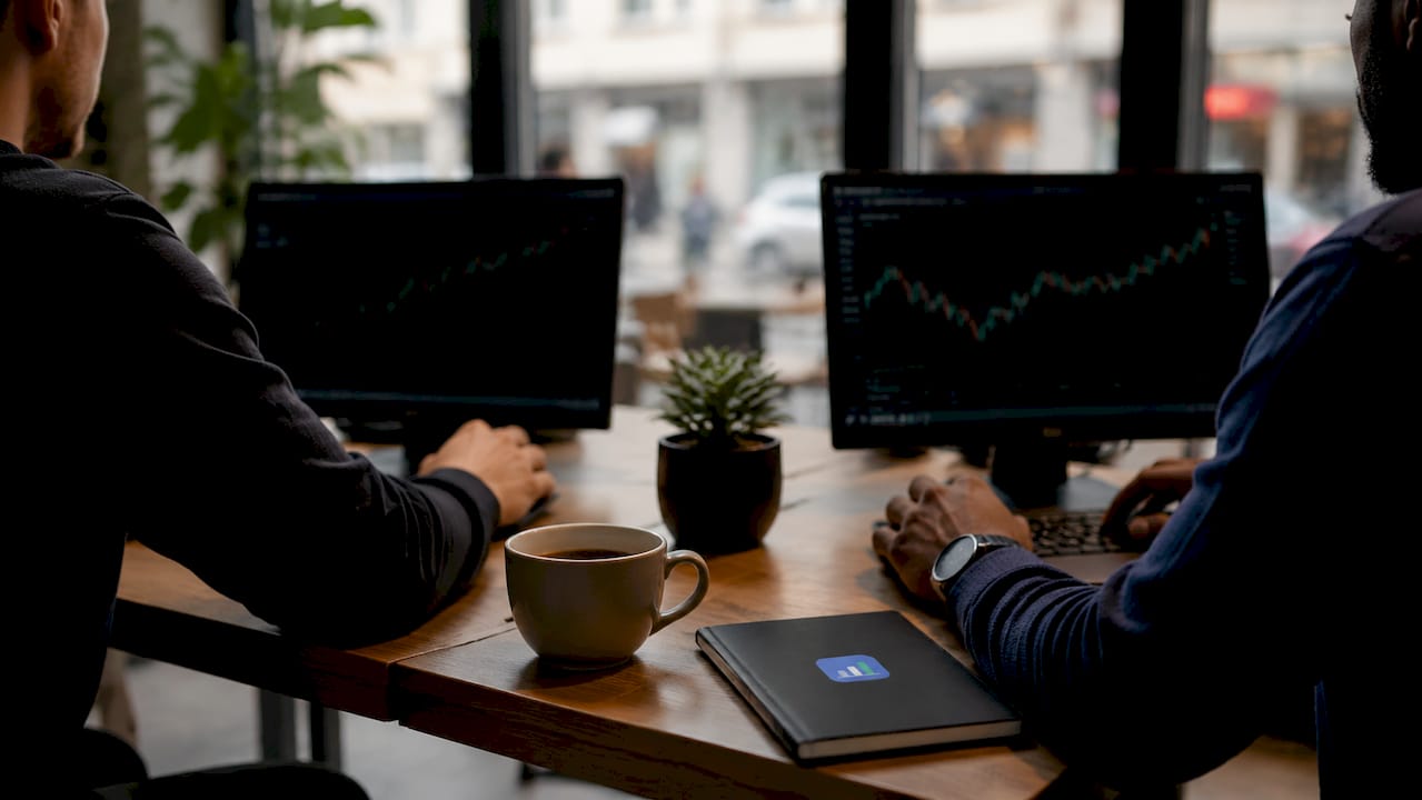 Hands manually entering trades on two laptops