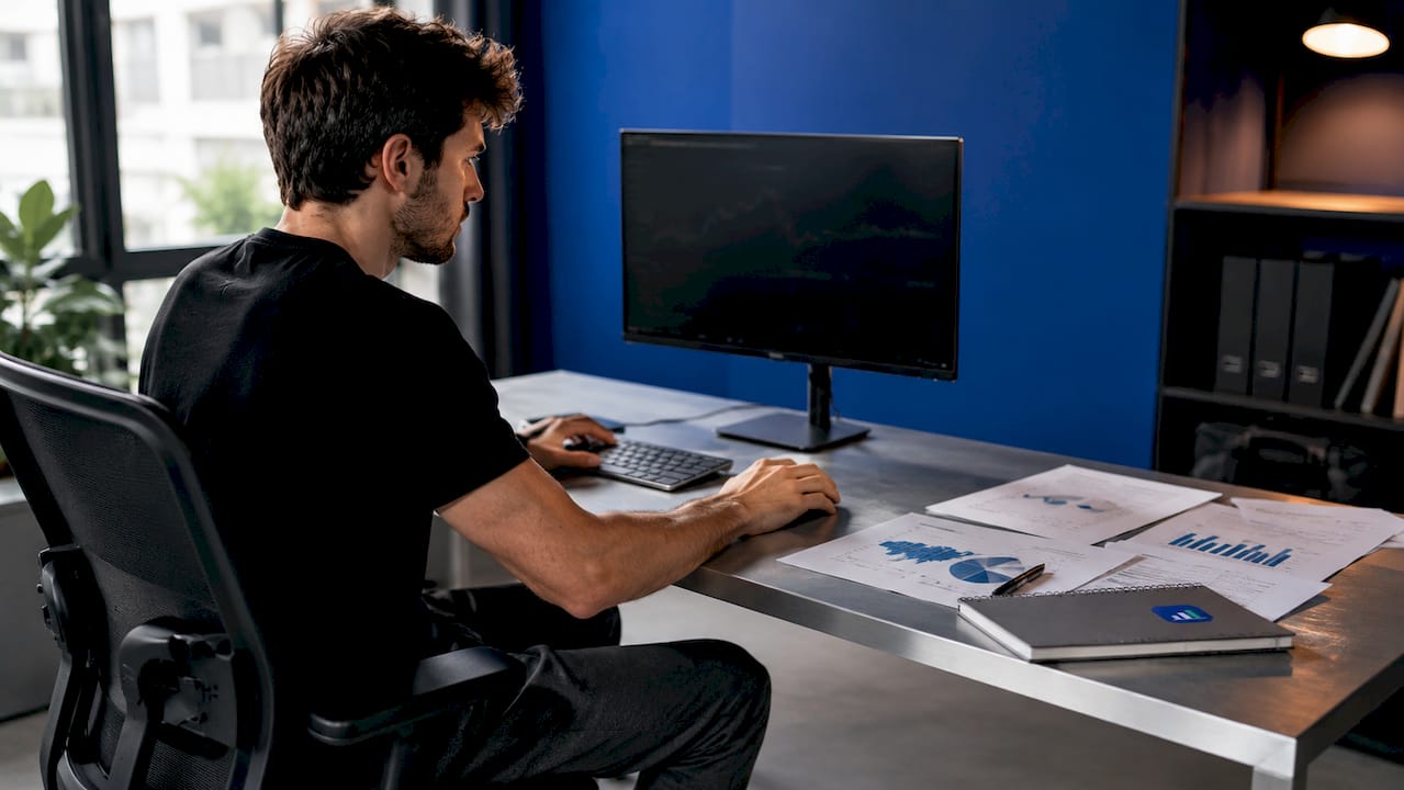 Trader at desk managing automated position copying