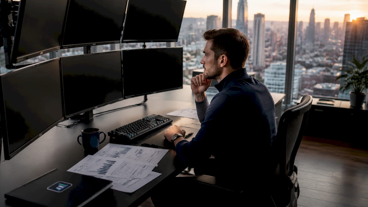 Trader reviewing performance logs in home office