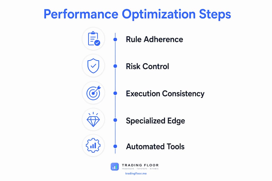 Infographic illustrating five key steps of prop trader performance optimization