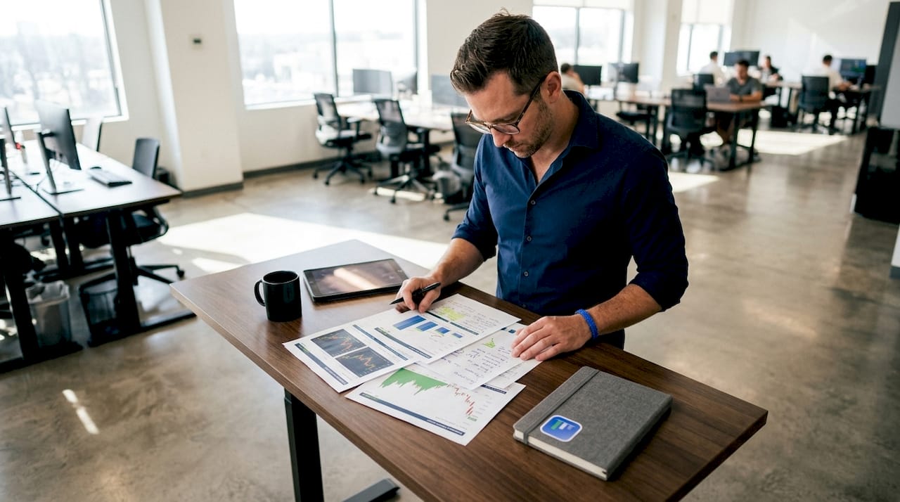 Trader reviewing printed trade performance reports