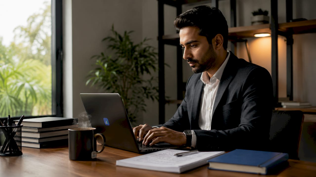 Trader typing orders at desk side profile