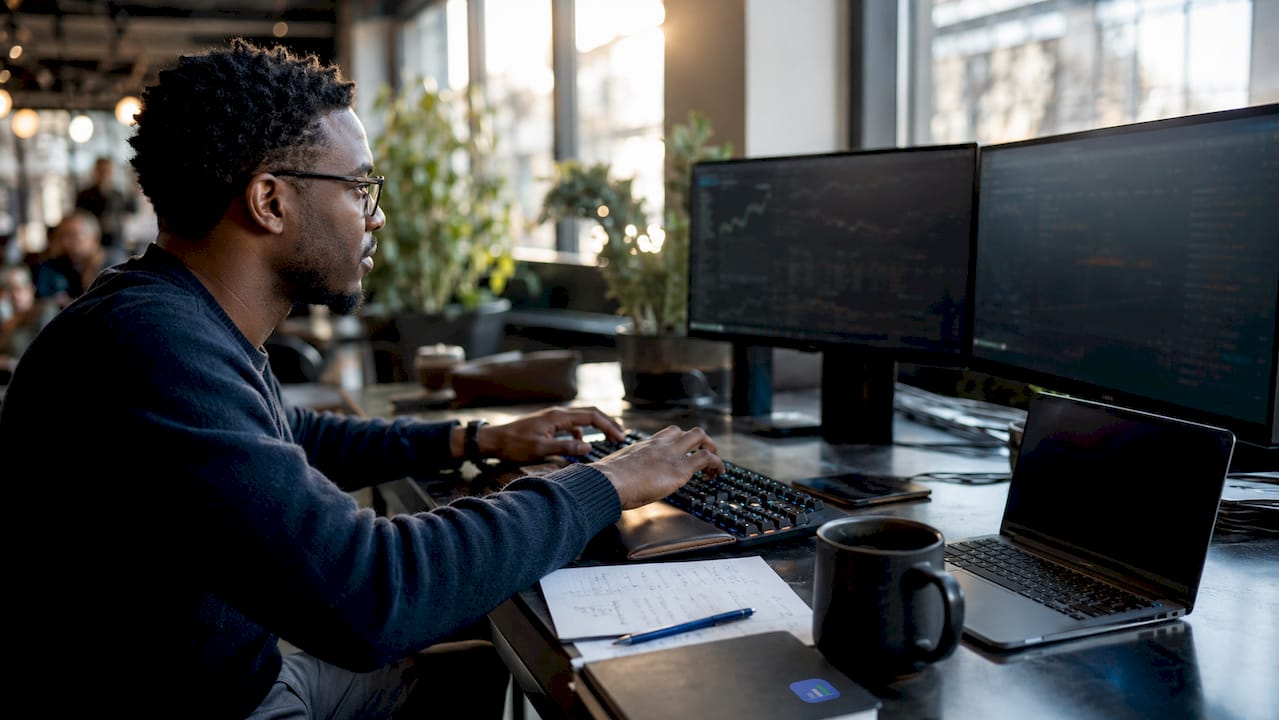 Trader automating trades at computer desk