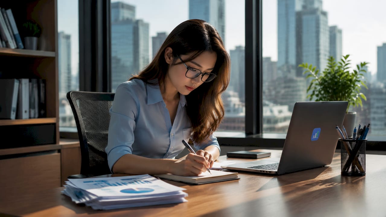 Trader writing notes at home office desk