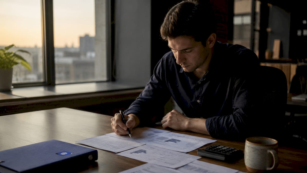 Hands reviewing trading risk analysis documents