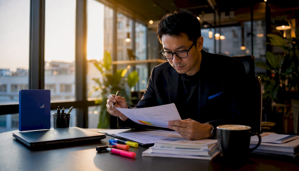 Trader reviewing prop account risk setup documents