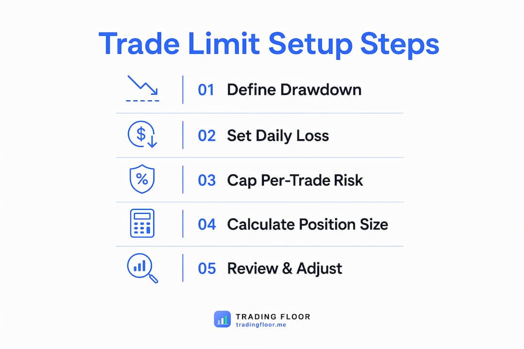 Infographic illustrating trade limit setup steps sequentially