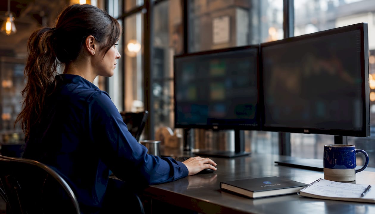 Trader managing multiple investment accounts on screens