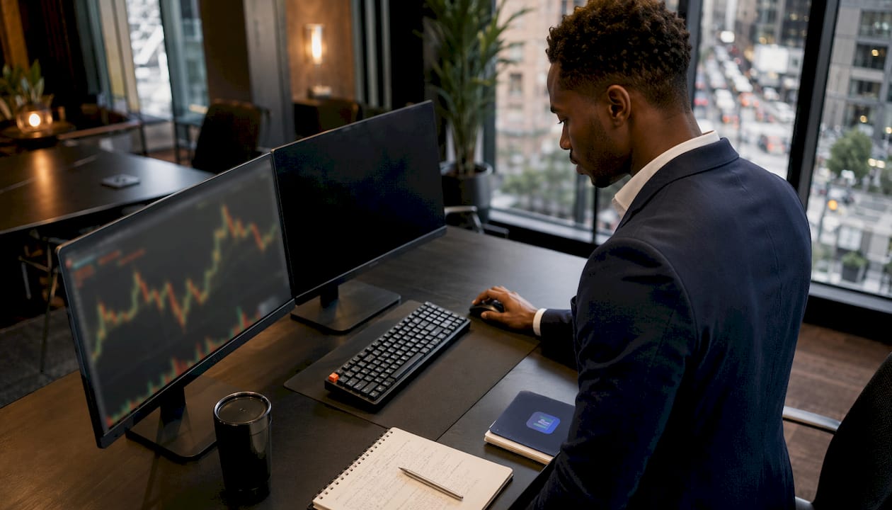Trader using dual monitors in office