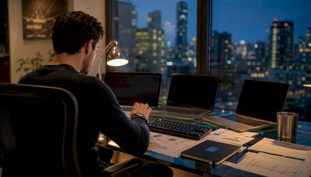 Overhead view of multi-account trading setup