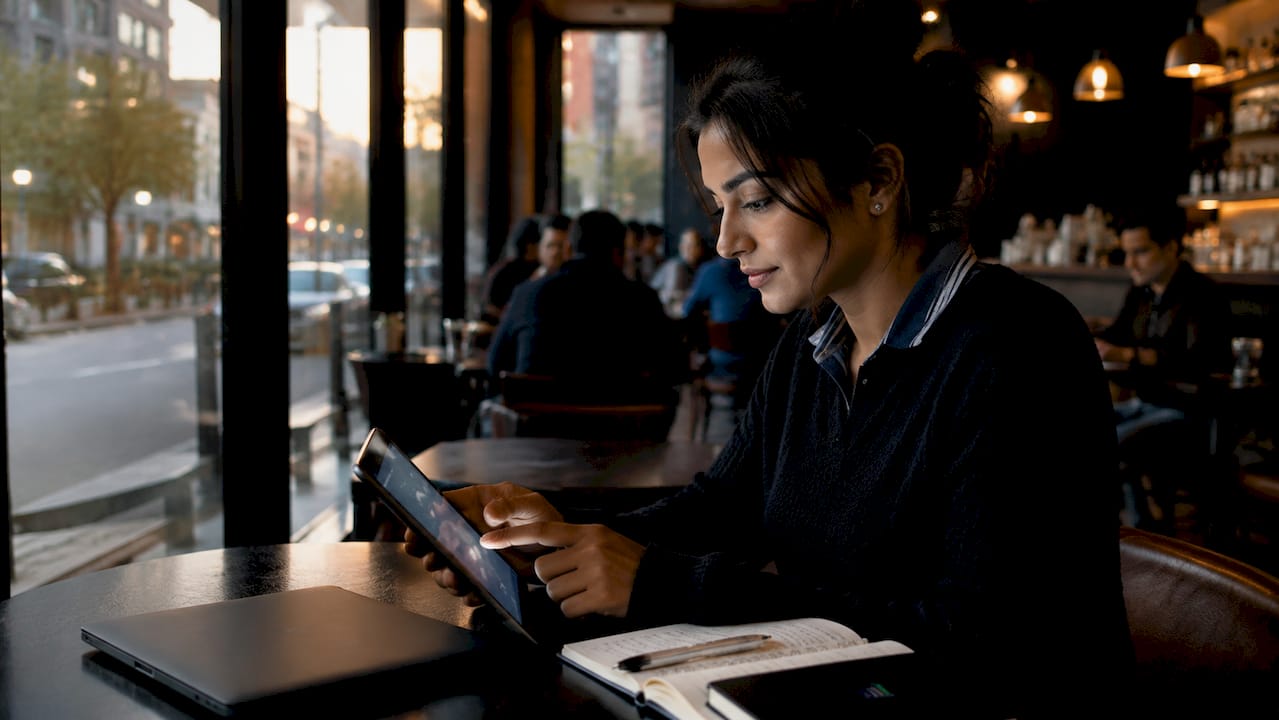 Woman managing trades on tablet in co-working space