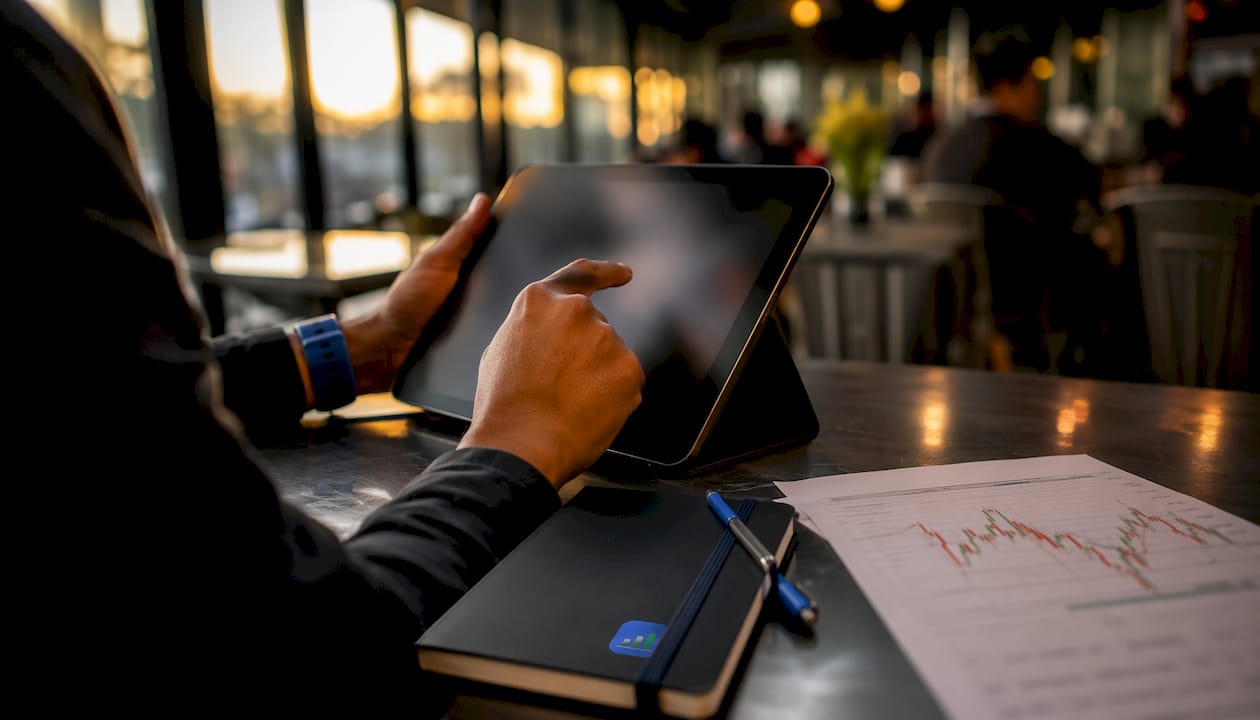 Hands using tablet to calculate trade sizes