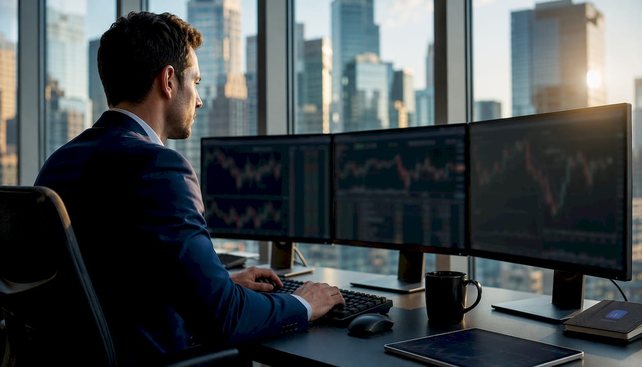 Prop trader managing multiple trading accounts at desk
