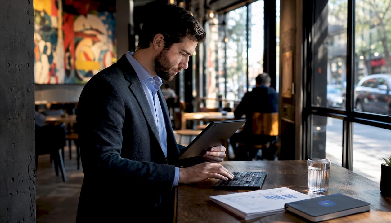 Professional trader using cloud trading app on tablet