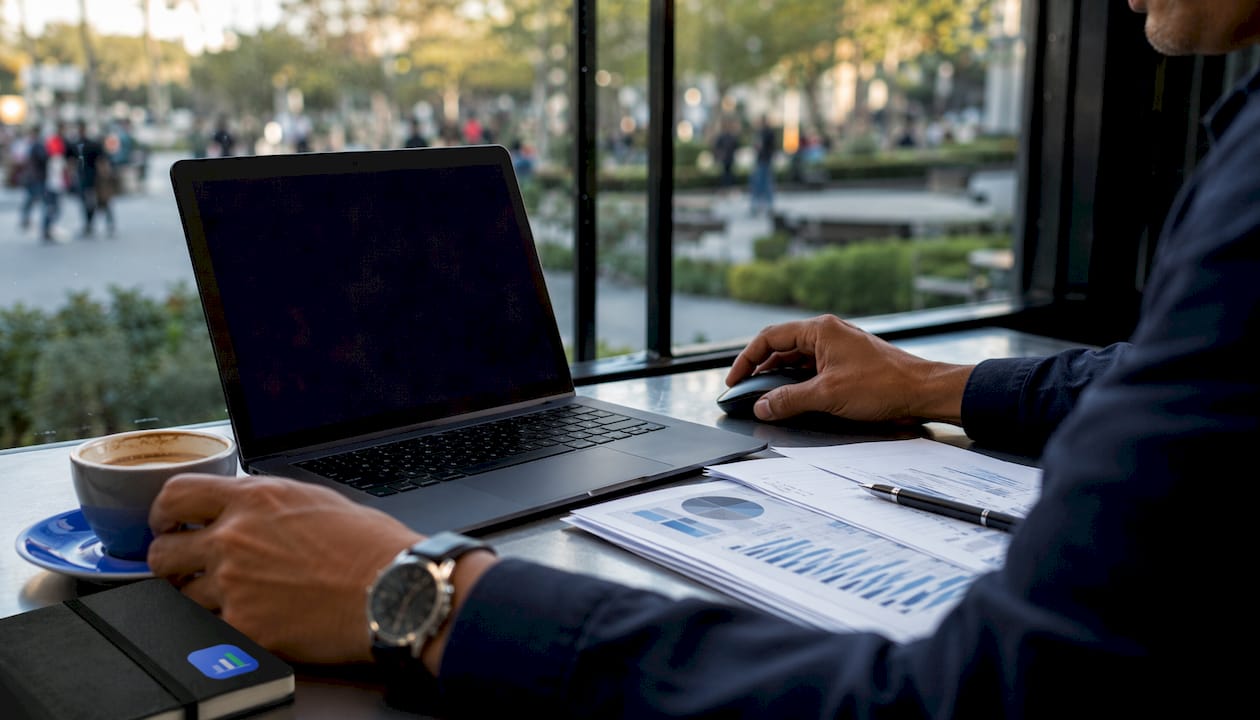 Trader's hands managing cloud multi-account trading laptop