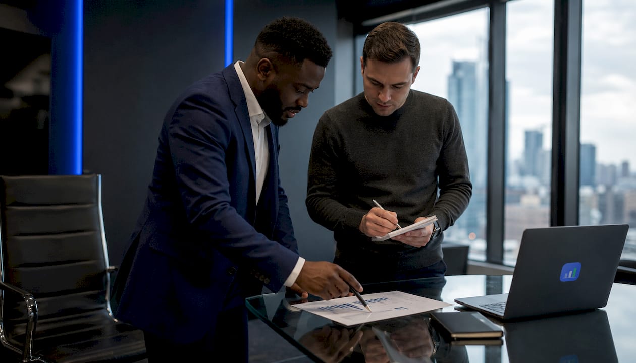 Hands pointing at portfolio risk analysis spreadsheet