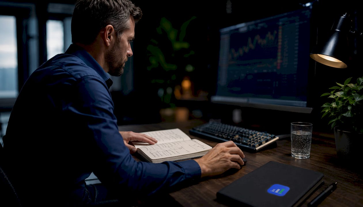 Prop trader managing funded trading account in office
