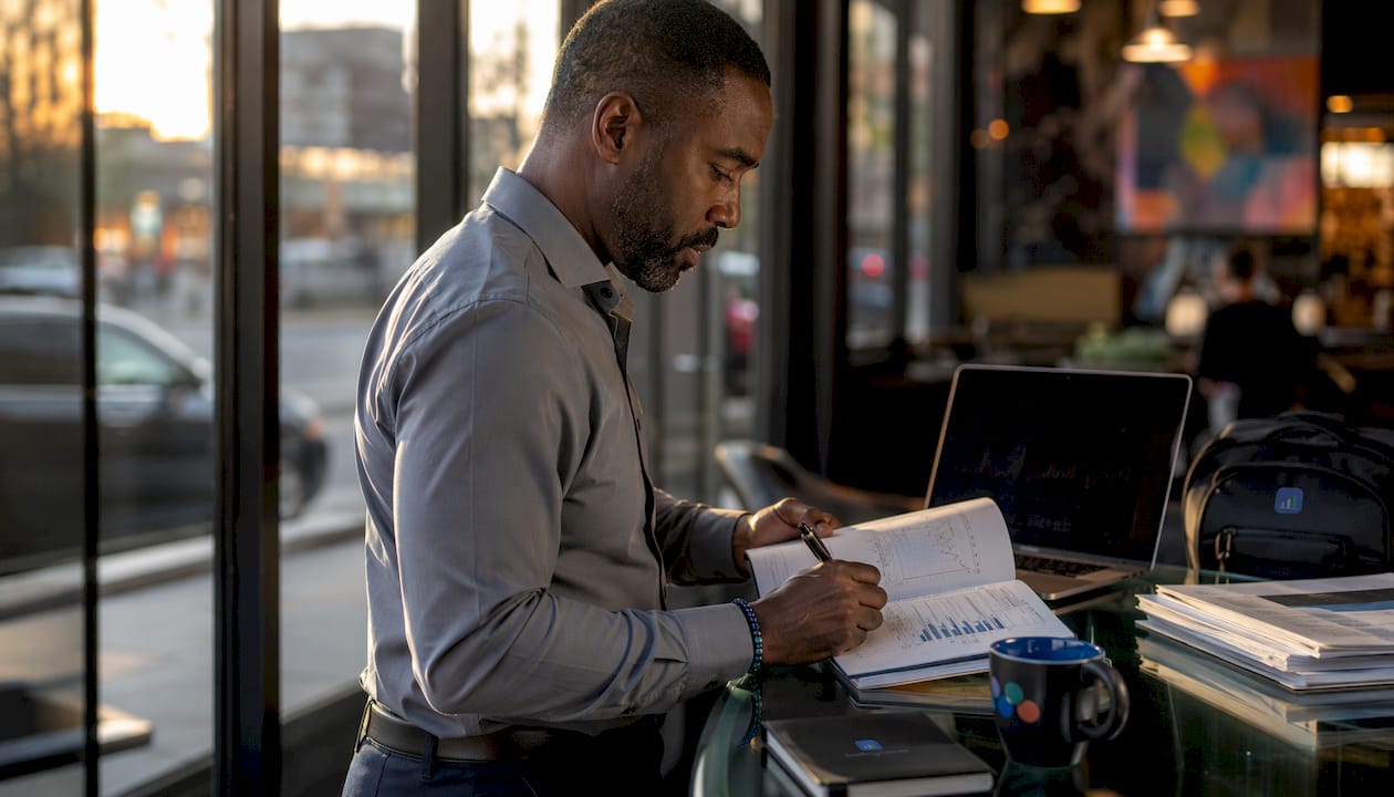 Trader reviewing trade journal in office