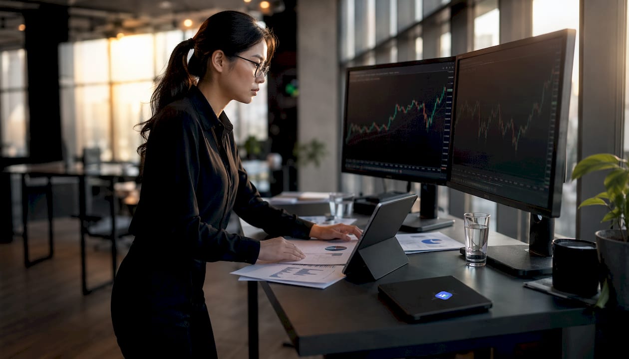 Trader analyzing financial data at home