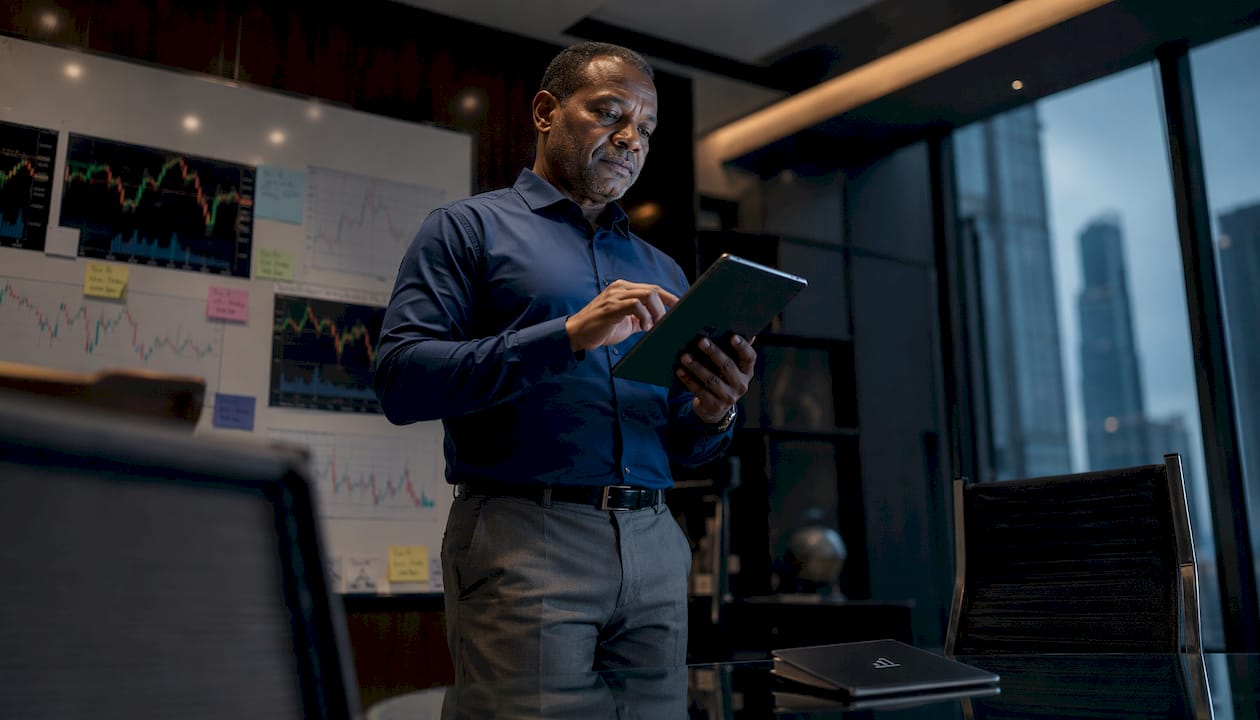 Trader using tablet in bright office