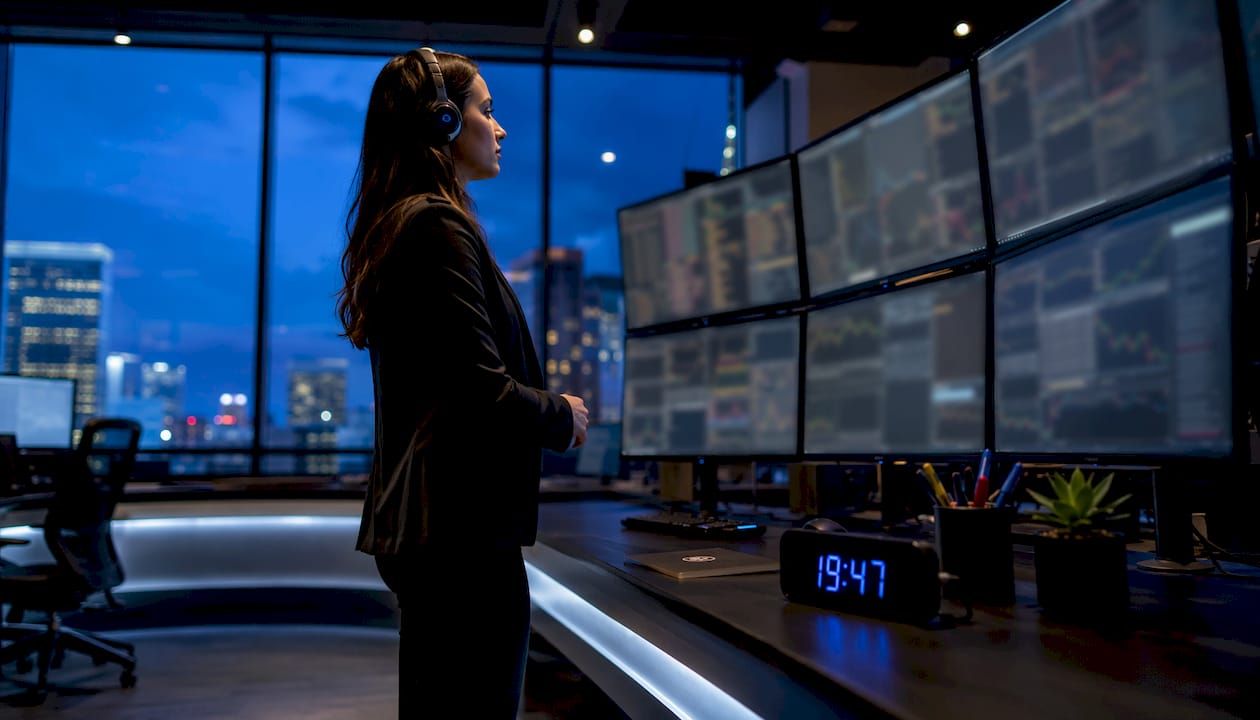 Trader working at multi-monitor trading setup