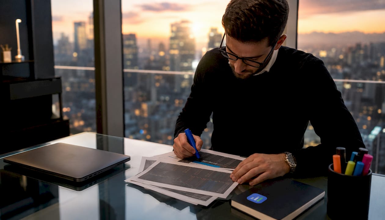 Trader reviewing trading logs at cluttered desk