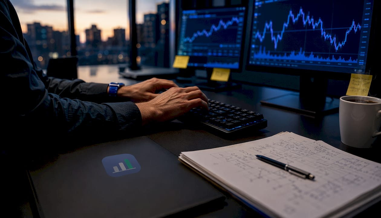 Trader’s hands typing on keyboard with trading charts