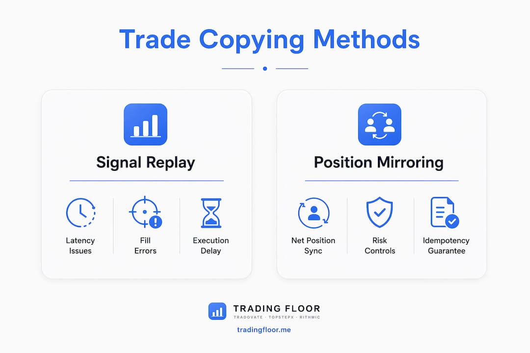 Infographic comparing signal replay and position mirroring trade copying methods