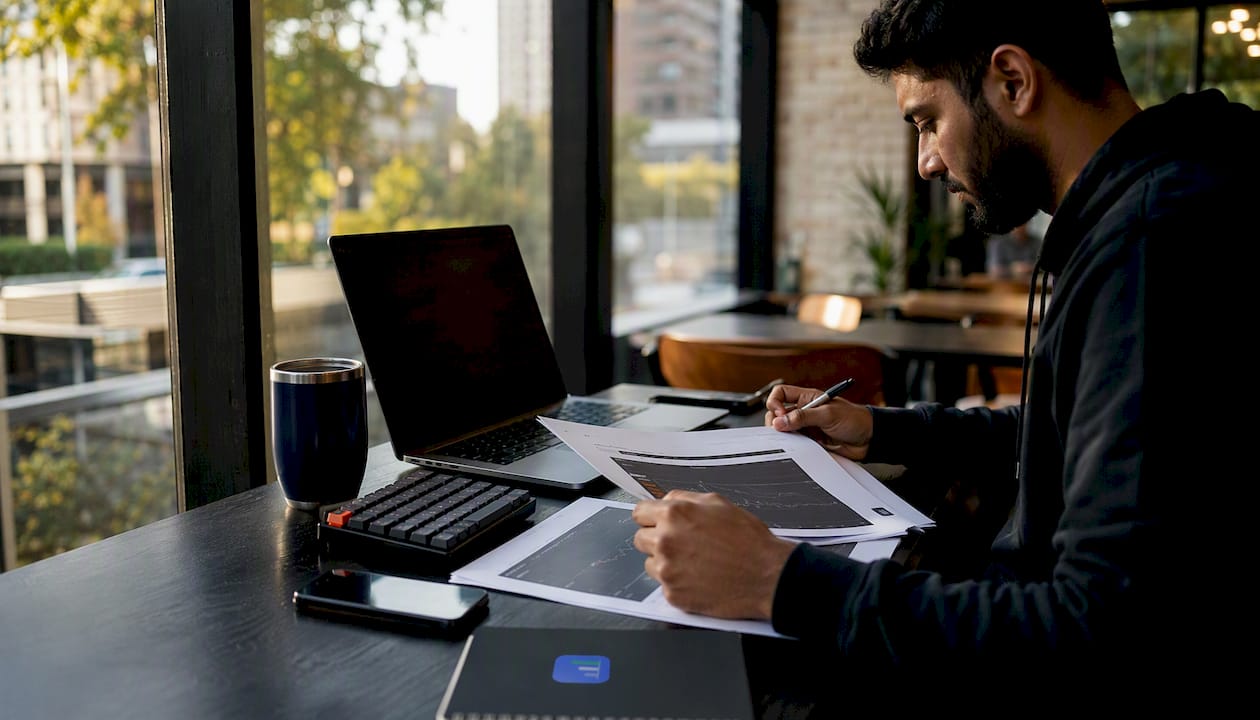 Trader hands reviewing multi-account trade sheets