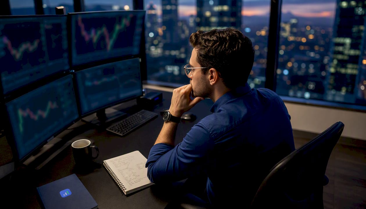 Prop trader reviewing error logs at desk