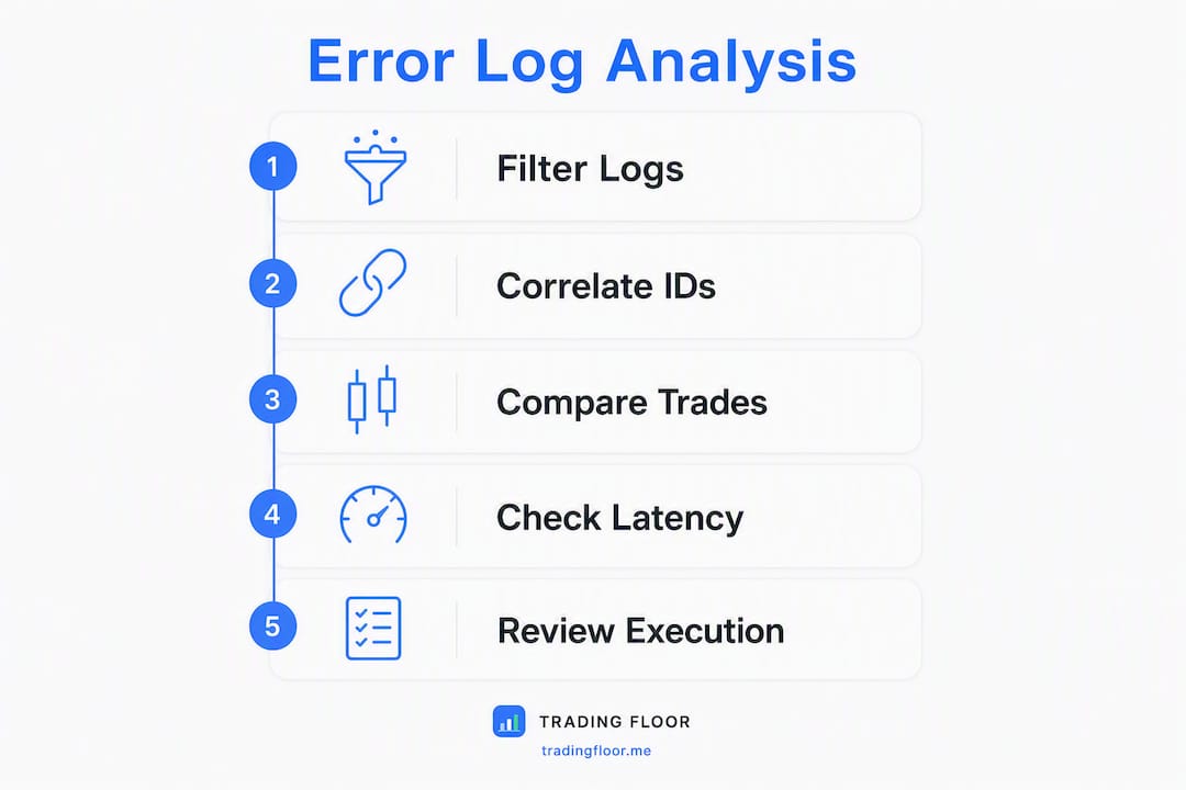 Infographic illustrating steps to analyze trading error logs